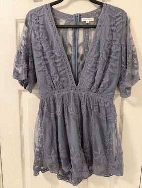 Honey Punch Dusty Blue Lace Embroidered V-Neck Tunic